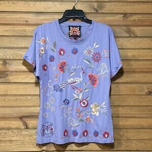 Johnny Was Side Slit Gloria Dolman Tee Violet Embroidered Bird Floral Size Small
